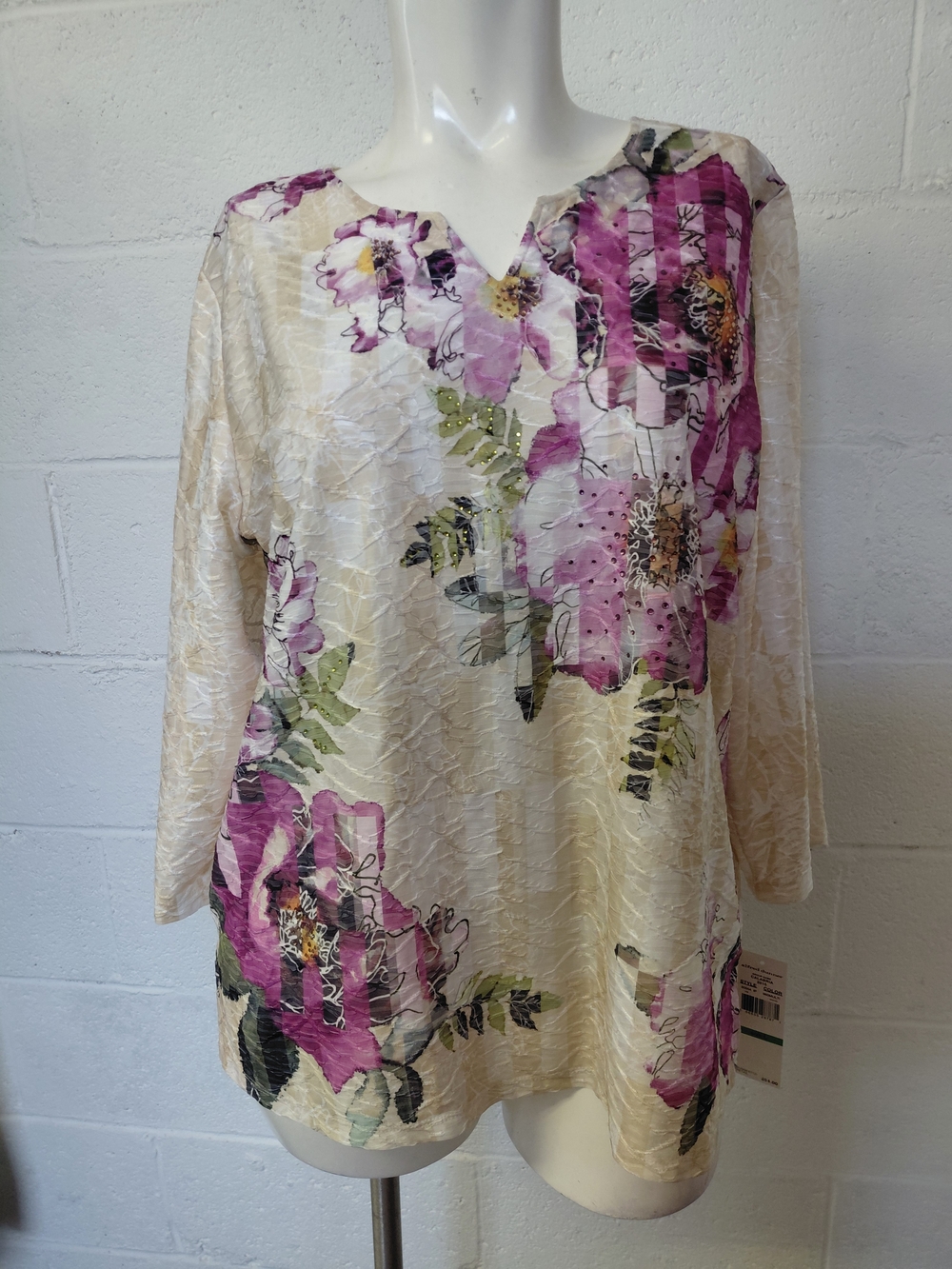 Alfred Dunner Cream Tunic Top with Pink Floral Print